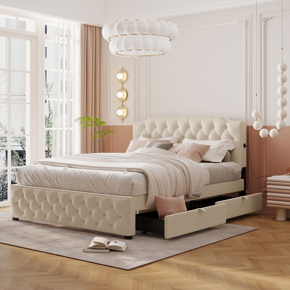 Jasmine Bed Frame, Queen (Beige)