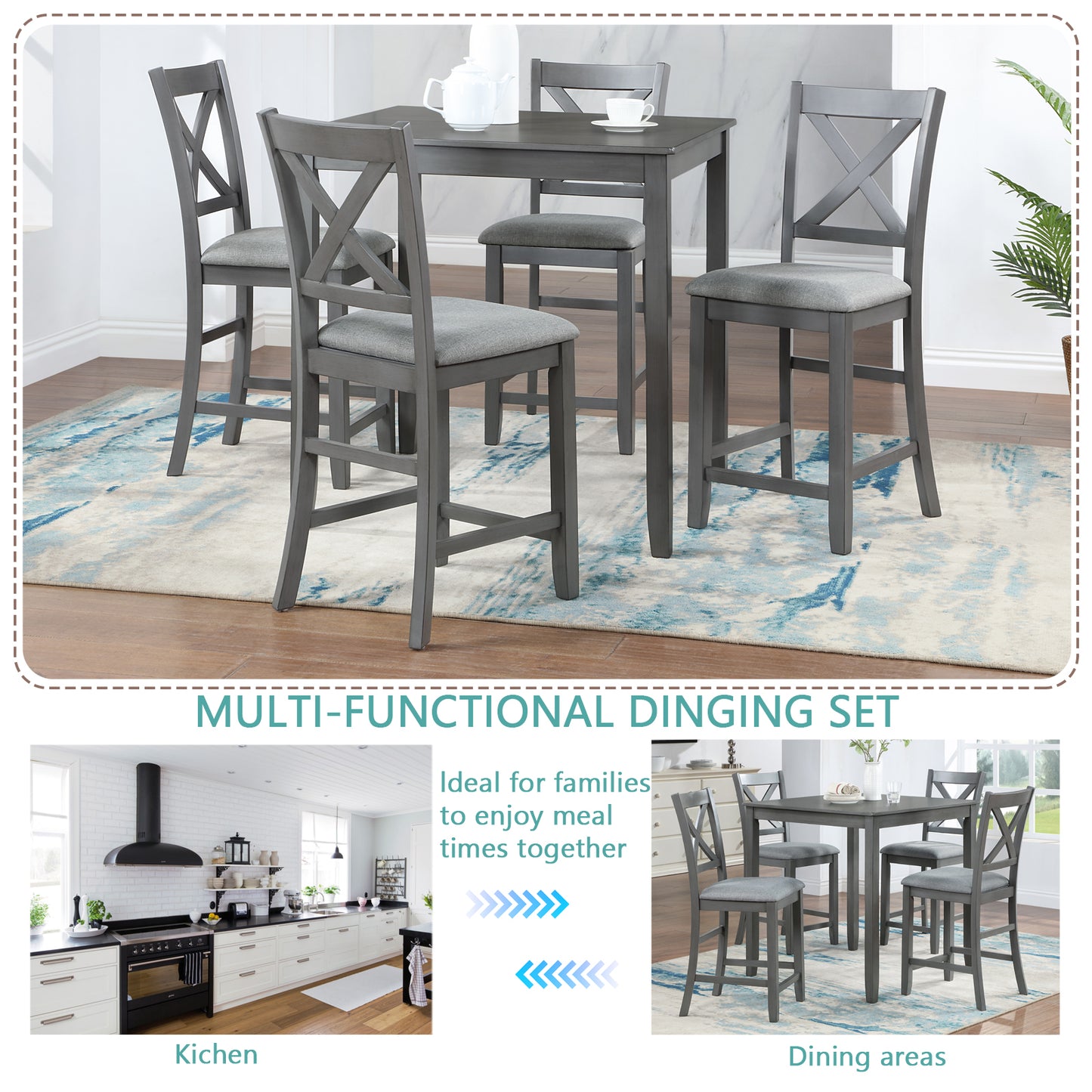 Roach Dining Set, Set of 5 (Grey)